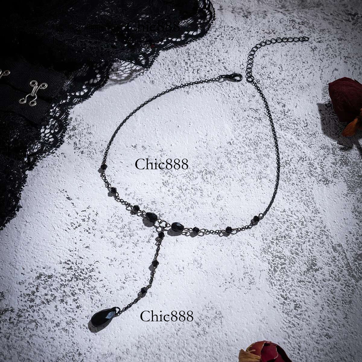 Goth Black Water Drop Crystal Chest Chain Necklace for Women Collares Vintage Sexy k Choker Y2K Halloween Jewelry Accessories