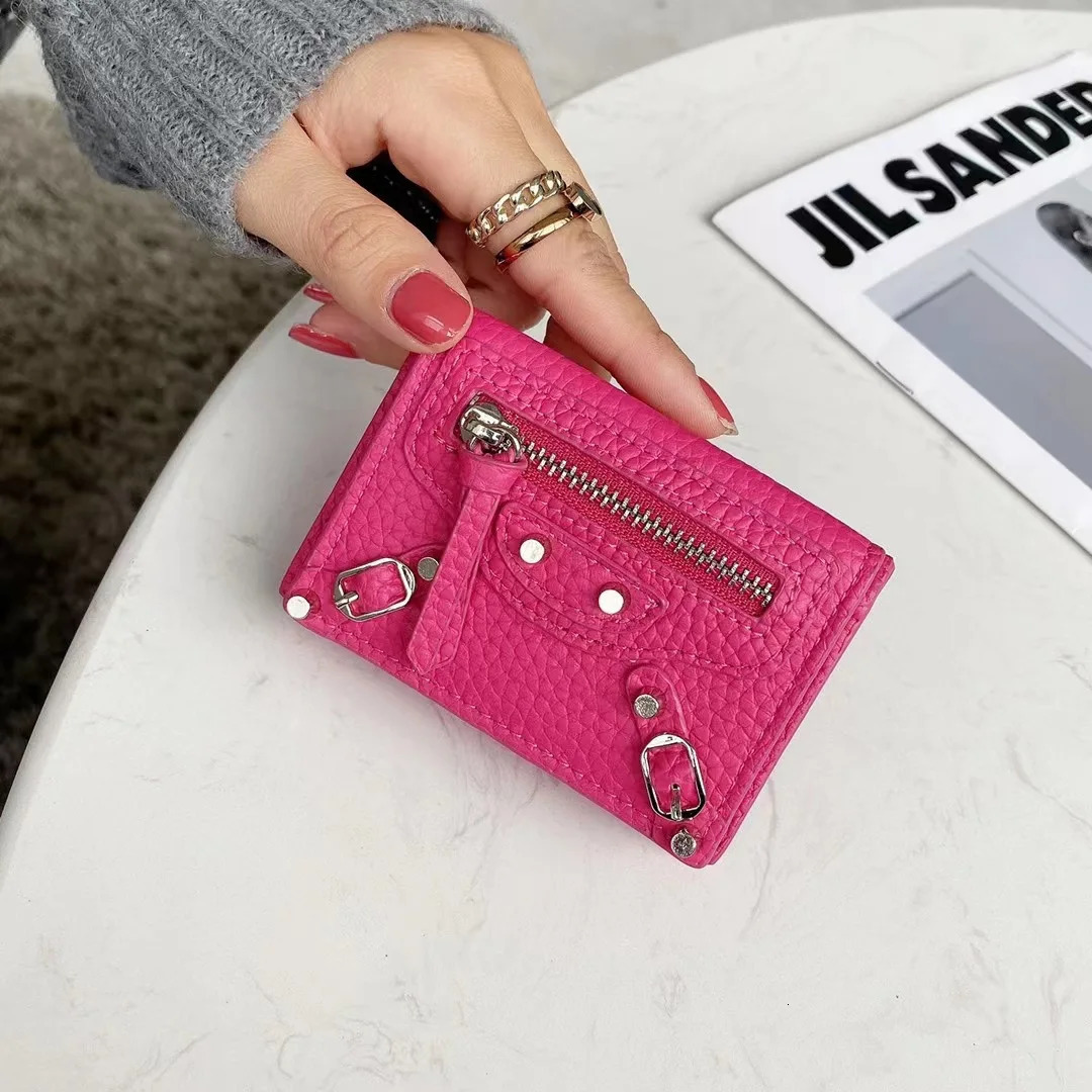 Mini Short Womens Wallet Leather Snap Flip Coin Wallet with Rivet Grey Cowboy Billfold Triple Fold Wallet 250317