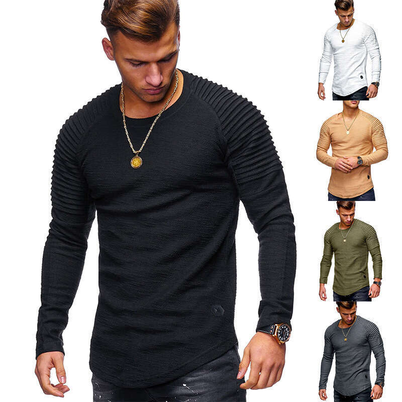 Military green solid color slim fit round neck long sleeved personalized fashionable pleated shoulder sleeves men's sports T-shirt, 2025 new styl