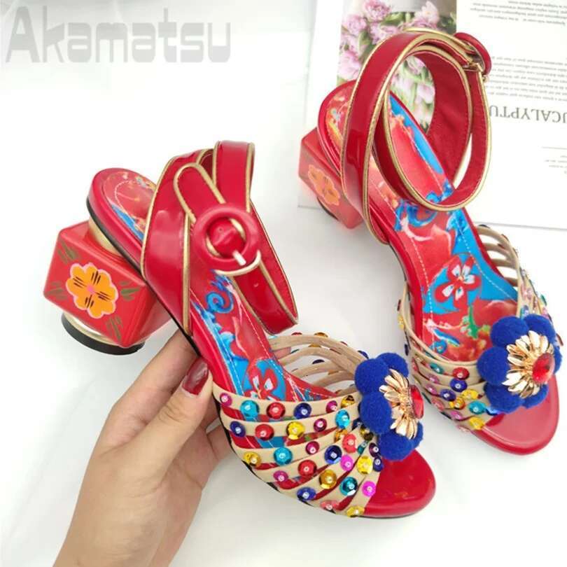 Strange Heel Sandals Ethnic Style Colorful Rhies Personalized Ankle Buckle Strap Women's Shoes Large Sizes 34-43