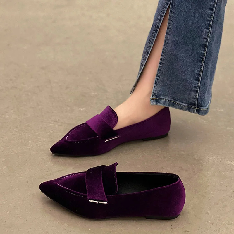 Women Velvet Moccasins Fashion Pointed Toe Loafers Ladies Spring Purple Velour Ballet Flat Shoes 250318