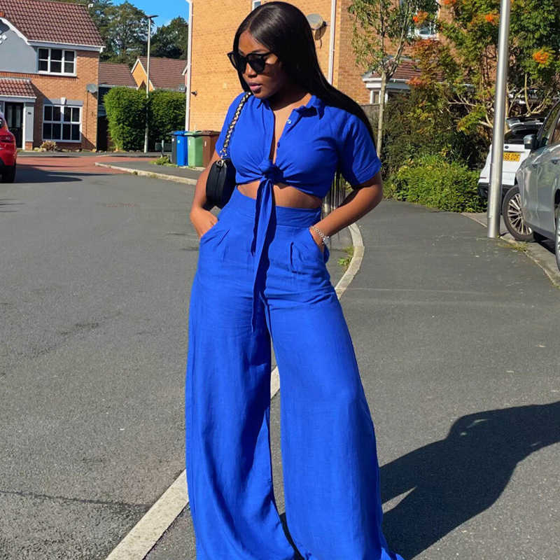 Summer plus size women's clothing new short sleeved wide leg pants two-piece set fashionable shirt set for women 250315