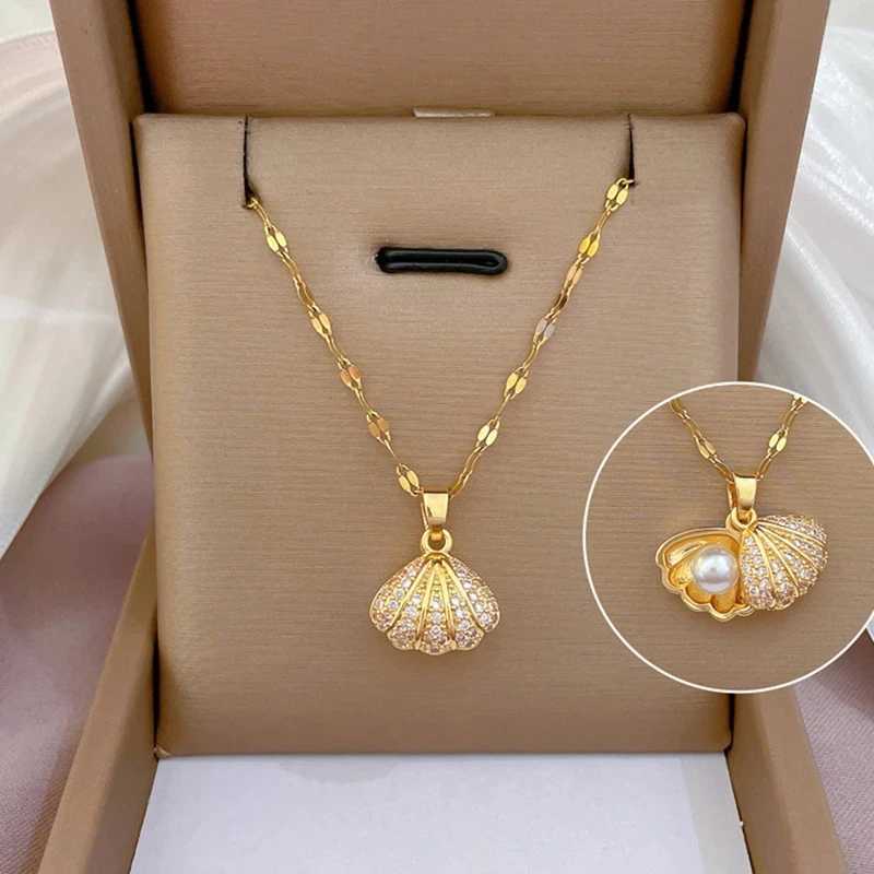 Korean Fashion Shell Pearl Necklace for Women Stainless Steel Creative Copper Micro -inlaid Marine Banquet Wedding Jewelry Gift W250318