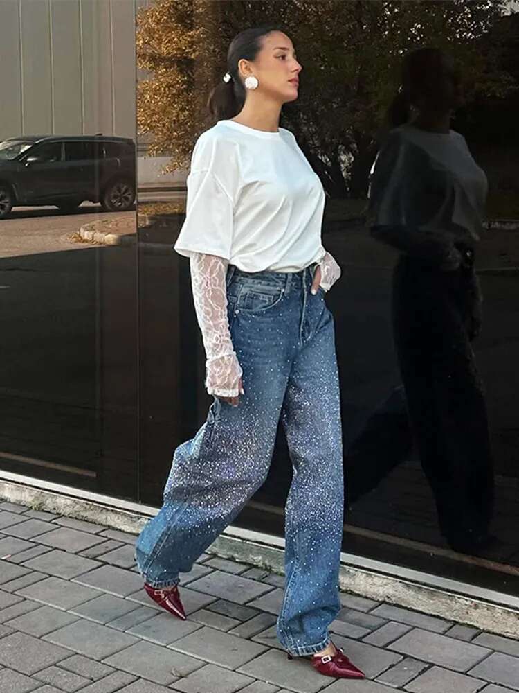 Street Rhie Gradient Blue Women's Jeans High Waist Basic All-Match Wide Leg Trousers Casual Female Commuting Streetwear