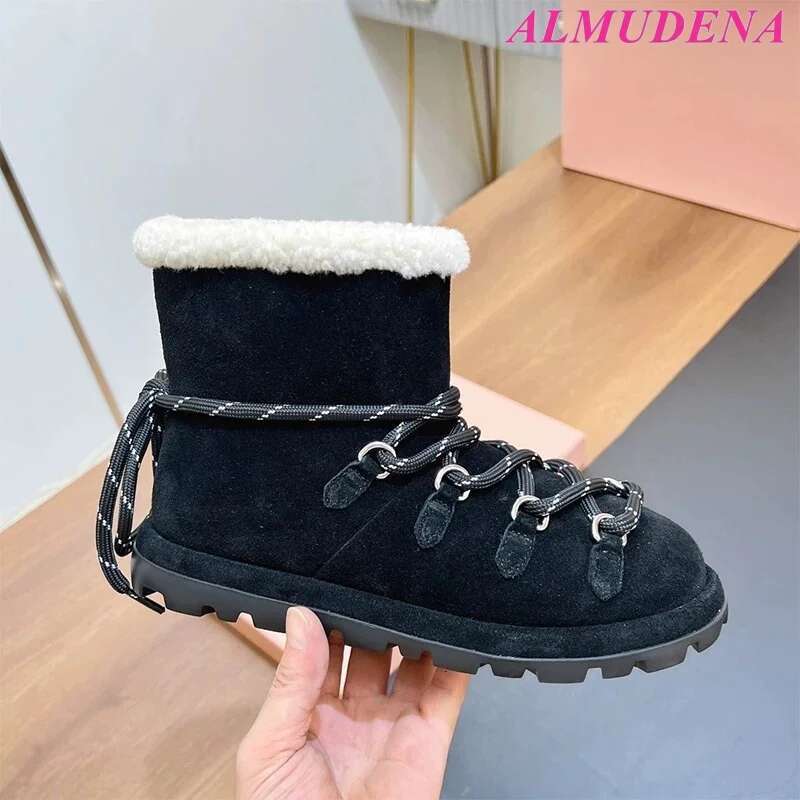 Black/Brown Flats Lace Up Snow Boots Women's Suede Fur Winter Warm Round Toe Soft Booties Designer Causal Dress Shoes