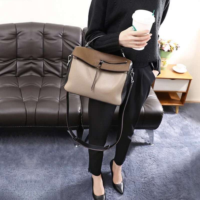 Genuine Leather Satchel Bags For Women Designer Panelled Handbags Female Casual Crossbody 2024 Ladies Shoulder Bag