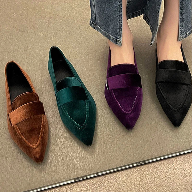 Women Velvet Moccasins Fashion Pointed Toe Loafers Ladies Spring Purple Velour Ballet Flat Shoes 250318