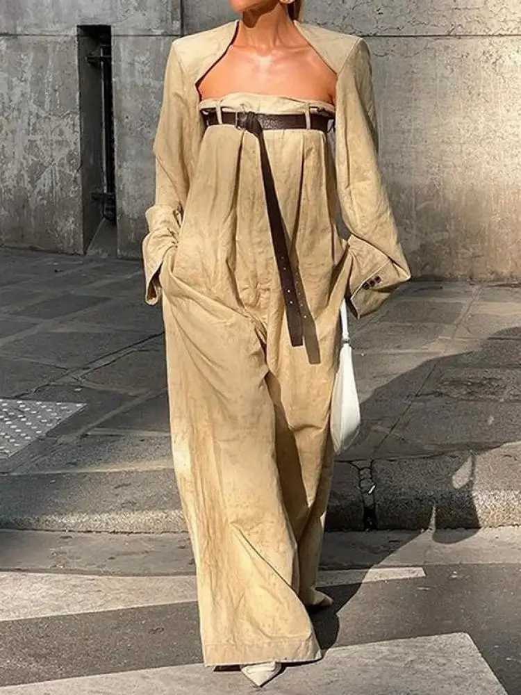 Fracy Womens Fashion jumpsuit set with collarless long sleeve jacket and strapless wide leg jumpsuit for summer loose fit X250318