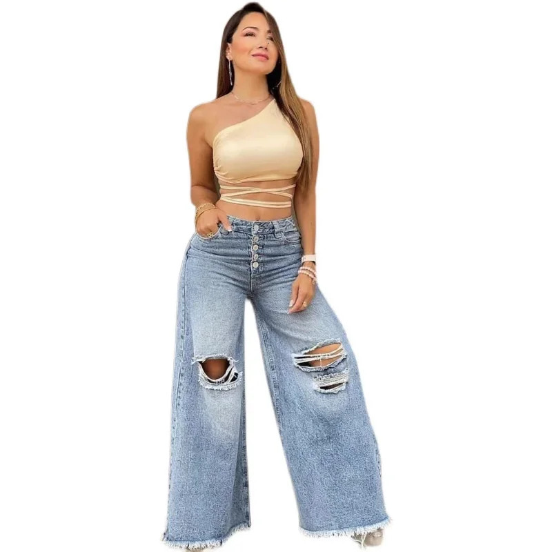 XS-XL Size Summer High Waist Retro Loose Hole Wide Leg Pants Light Color Laundry Womens Jeans Z260313