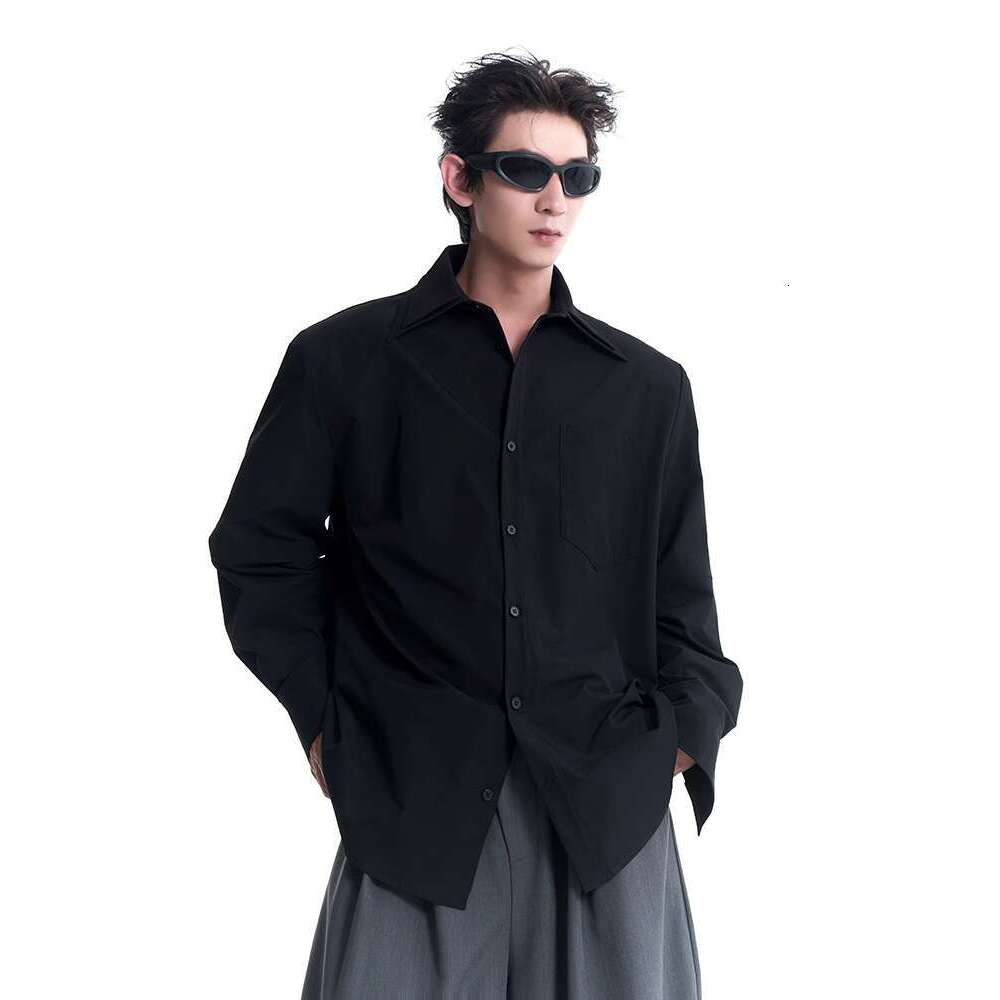 Men's Clothing START Double Pleated Collar Solid Color Shoulder Pad Long Sleeved For Men's Autumn High-End And Cool Shirt