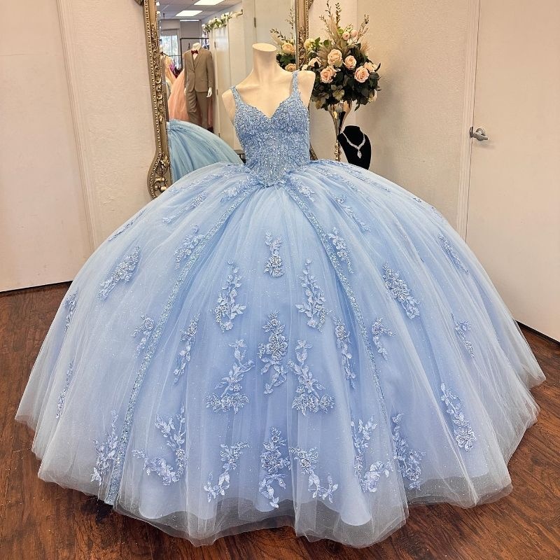 Sky Blue Shiny Ball Gown Quinceanera Dresses Appliques Lace Tull Beads Birthday Party Mexican Vestidos De 15 anos Sweet 16 Dress