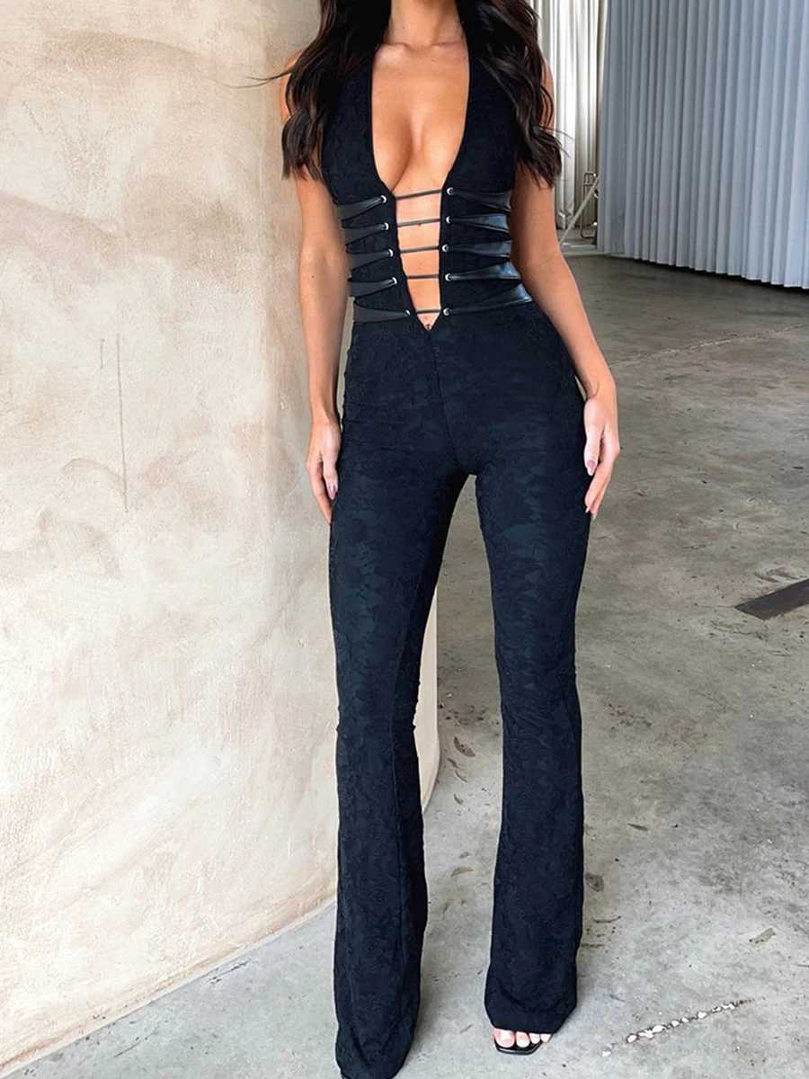 New fashion womens lace jumpsuit pendant collar cross backless sleeveless long jumpsuit summer ultra-thin sportswear club suit S M L X2503181
