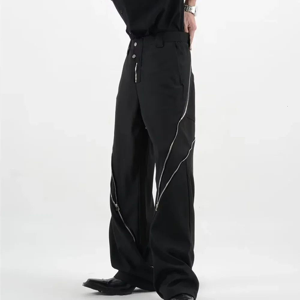 American Fashion Men Black Zipper Slit Slightly Flared Pants Vertical Feeling Straight Casual Pants Vintage Trousers Kpop 250317