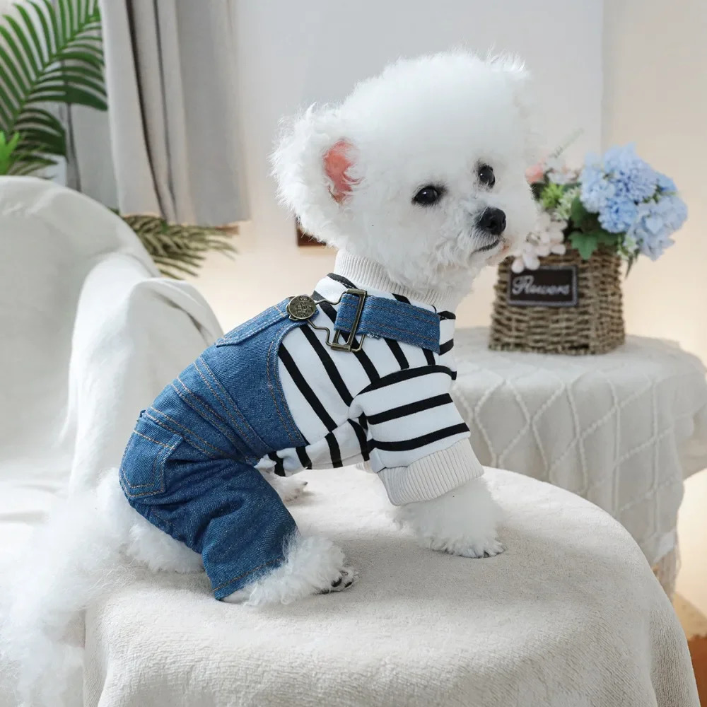 Cute cartoon puppy top boy classic striped jeans jumpsuit suitable for small midrange dogs Chihuahua French Bulldog clothing 250318