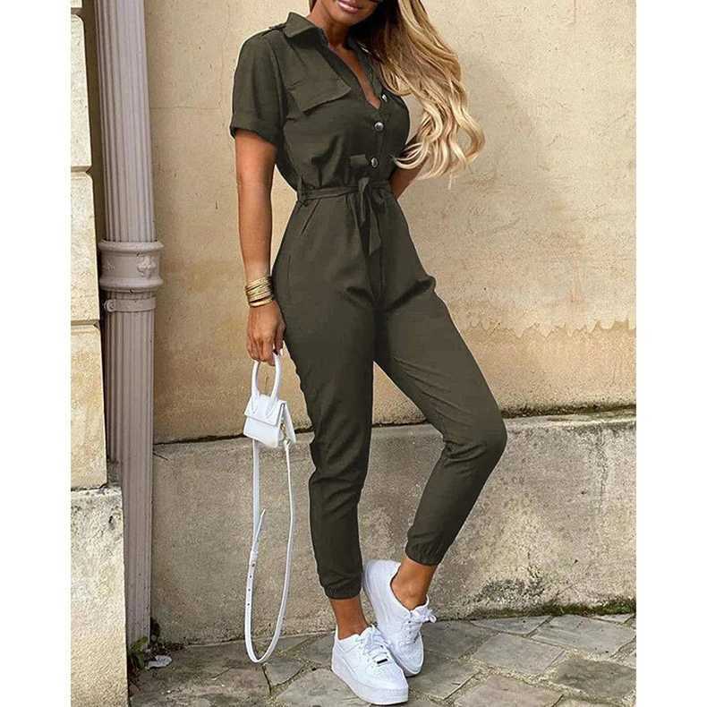 Letters Printed Black Casual Short Slve Cargo Long Pants Jumpsuits With Belt Women Summer Half Button Female Overalls Jumpsuit X2503181