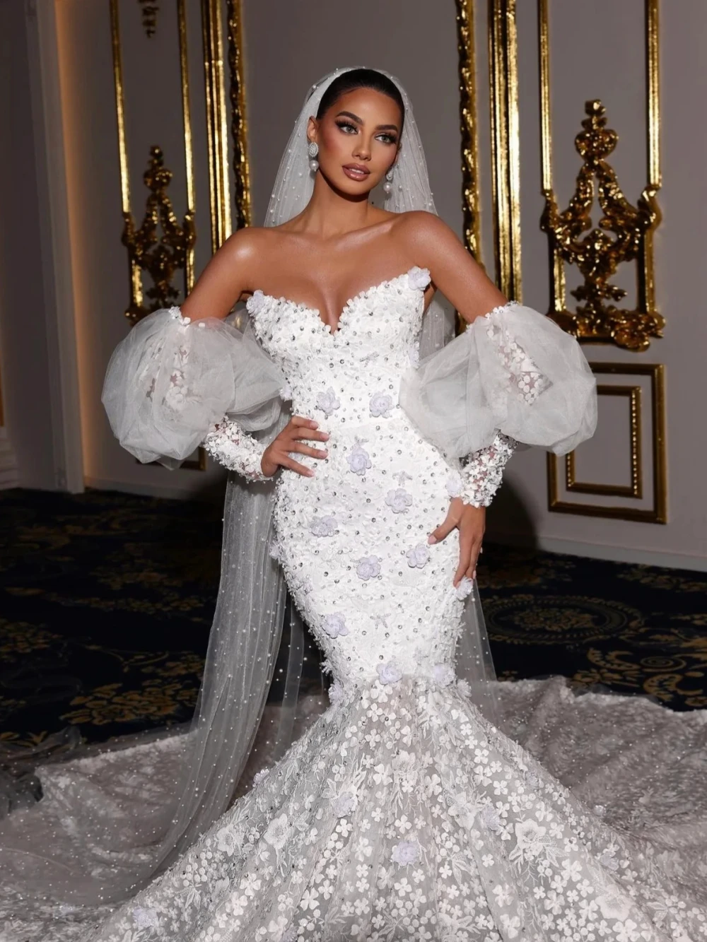 Designer Mermaid Wedding Dress Sweetheart Neck Removable Sleeves Bridal Gowns 3D wer Appliques Rhie Sweep Train Dresses Custom Made vestidos de novia