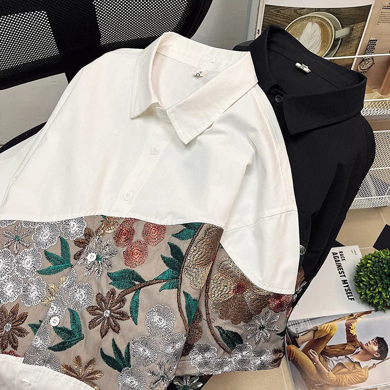 Summer embroidered shirt mens fashion casual flower shirt mens Japanese street clothing loose short sleeved mens plus size 250317