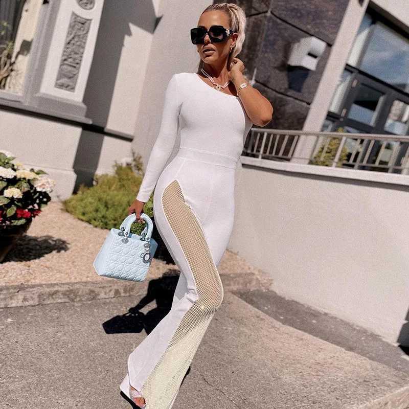 Fashionable half shoulder jumpsuit elegant long Slve mesh splicing rhinestone ultra-thin jumpsuit X250318