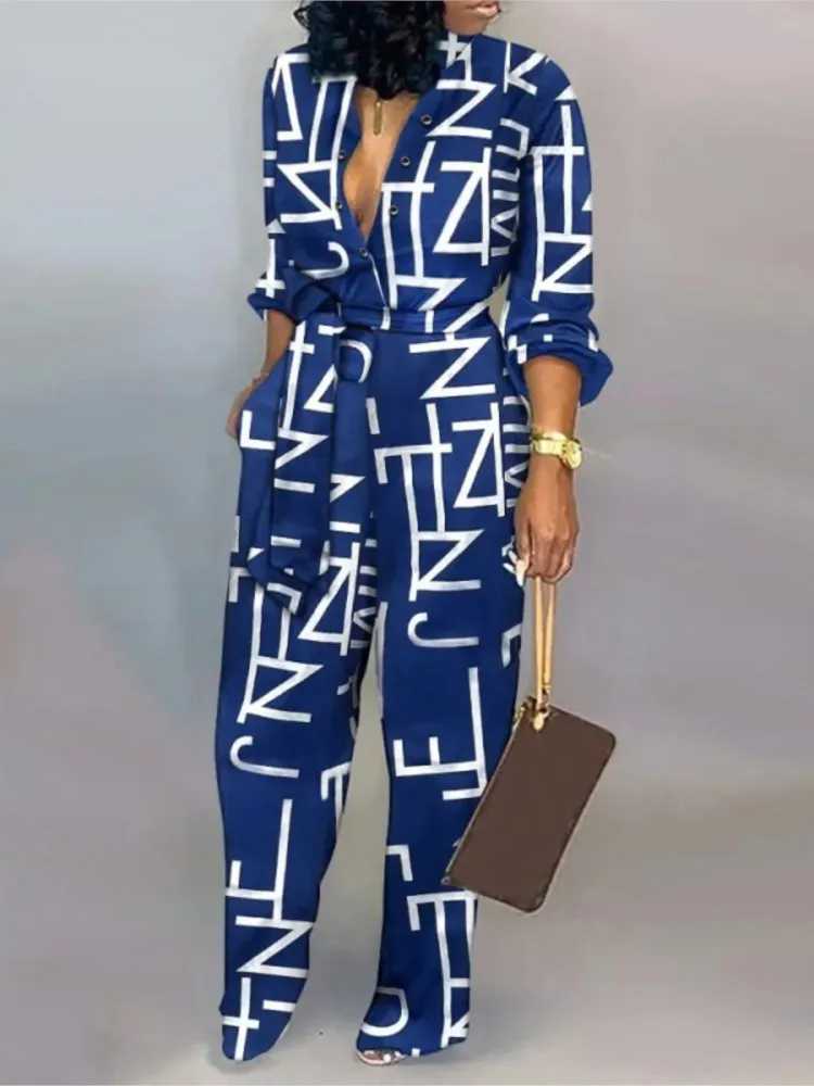 Autumn elegant letter printed lace jumpsuit womens 2025 fashion Dp V-neck one-piece casual jumpsuit X250318
