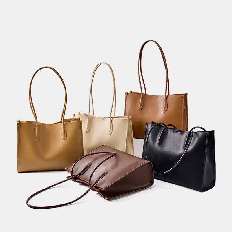 2023 Autumn New Genuine Leather Large Shoulder Bags Commute Handbags Simple Casual Totes Shopping Travel Bag Brown Black