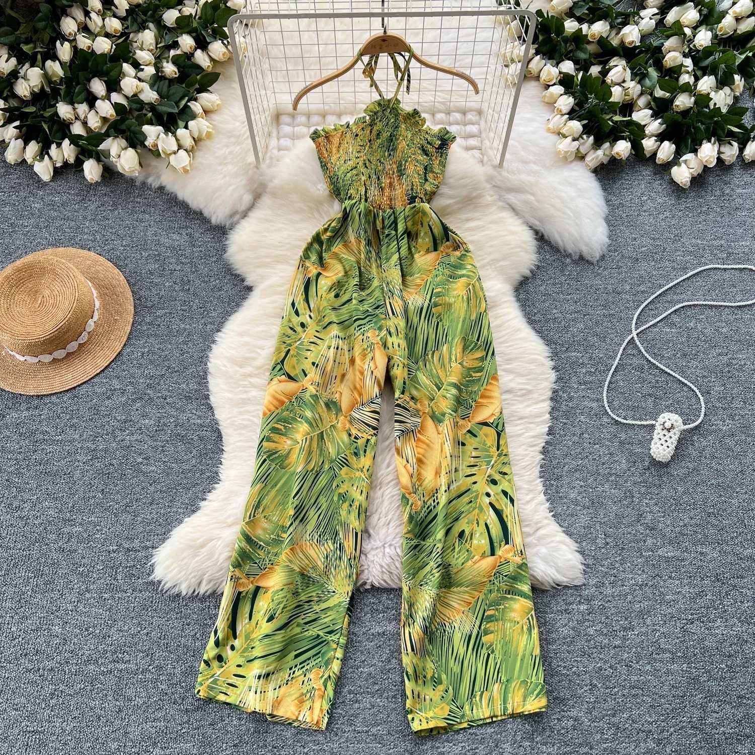 2024 New Summer Sexy Bohemian Leaf Printed jumpsuit Womens sleeveless sexy long jumpsuit sleeveless casual holiday beach jumpsuit X250318