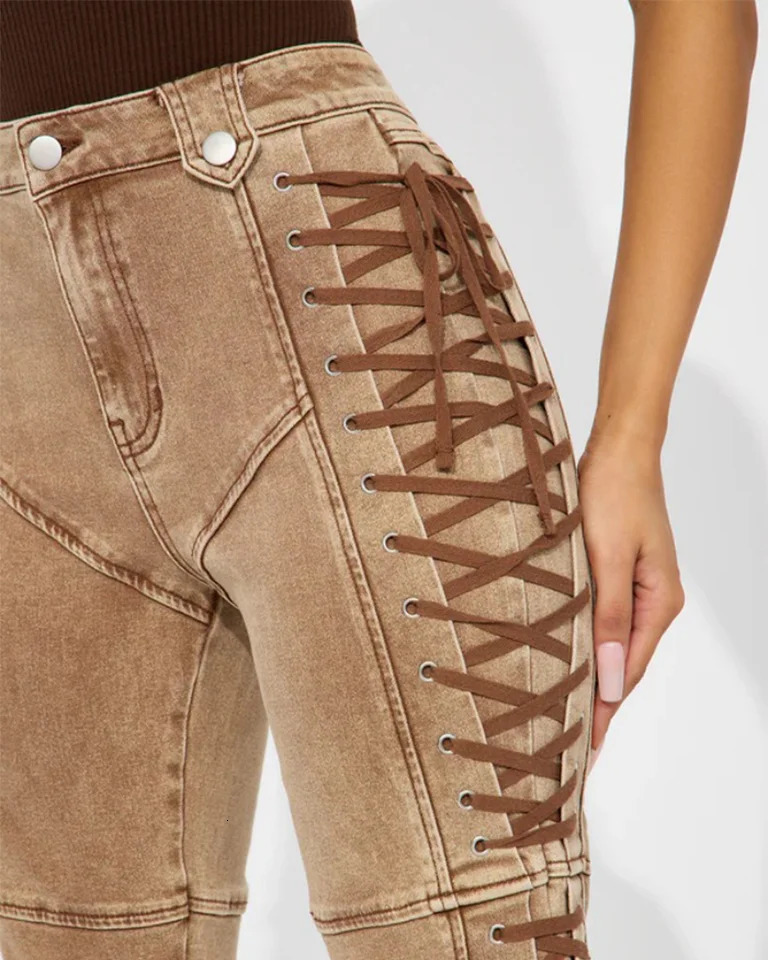 Fashion womens fashion lace-up drawstring Spice Girl jeans and pants Women Jeans Denim Straight Pants Spliced Patchwork 250317