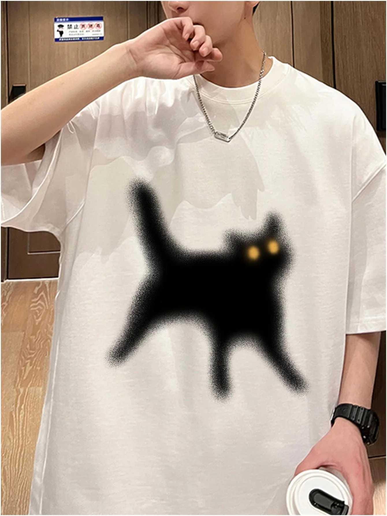 Chic Cat Print Mens T-shirt Fashion Loose Clothing Summer New Designer Brand T-shirt O-neck Mens Cotton Short sleeved TopT250318