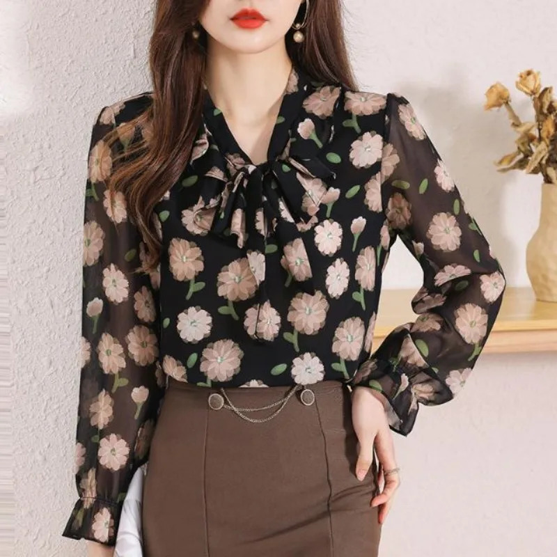 Women Spring Summer Fashion Printing Lacing V-neck Long Sleeve Chiffon Shirts Ladies Elegant Temperament All-match Casual Tops 250318