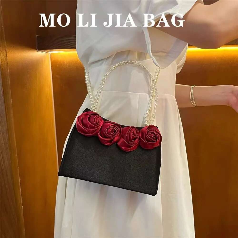 Women's Handbag Satin Rose Ral Handmade Square Fashion Pear Beading Evening Wedding Party Clutch Purse Crossbody Bag
