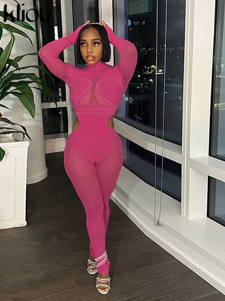 Nail Mesh Patchwork Jumpsuits Women Solid S Through Autumn Long Sleeve Cut Out Skinny Overalls Female Midnight Party Clothing X250318