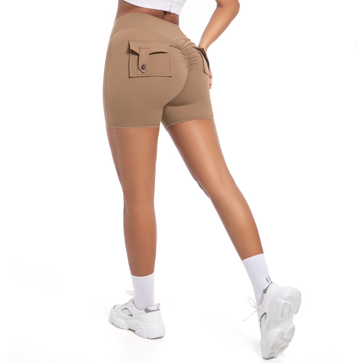 New tracksuit peach workwear tight shorts for women, high waisted elastic hip lifting button yoga pants, quick drying running and fitness pants leggin