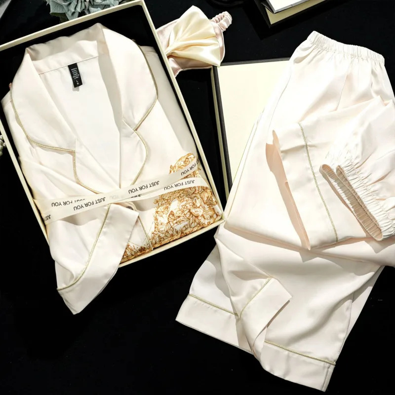 Loose Print Short Three-piece Ice Silk Pajamas Womens Short Sleeve Set Womens Summer Thin High Soft Quality Pyjamas Sets 250317