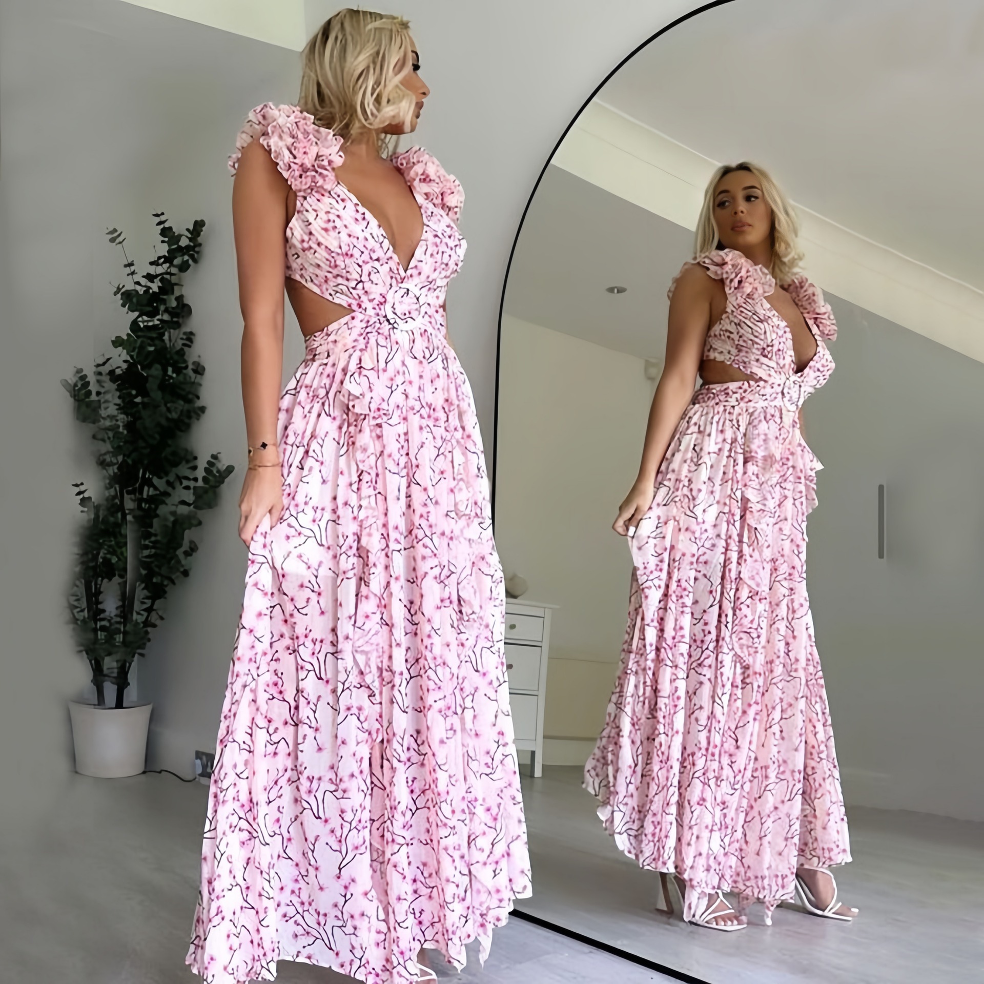 New women's clothing ins holiday long with hollowed out slim fitting deep V ruffle edge and floral open back dress ddmySept
