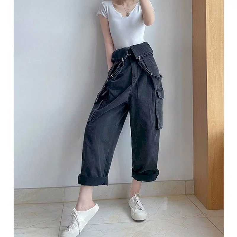 Black denim womens jumpsuit Korean retro Playsuit wide leg pants loose mens tight fitting clothing X250318