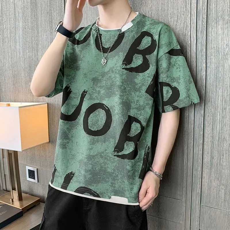Fashionable O-neck printed patchwork fake two-piece T-shirt for mens 2024 spring new casual floral loose Korean T-shirtT250318