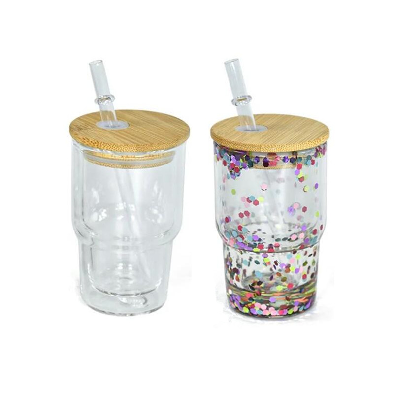 3oz Sublimation Blanks Snow Globe Tumbler Double Wall Snowglobe Shot Glass Cups Beer Mugs With Pre Drilled Hole And Bamboo Lids & Straws DIY Glitter For Whisky/Espresso