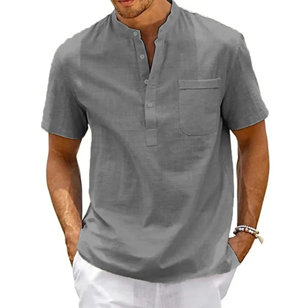 Cotton Linen Shirt Men Henley Neck Pocket Casual Beach Short Sleeve Solid Color Male Tops T-shirts Vintage Streetwear 250318