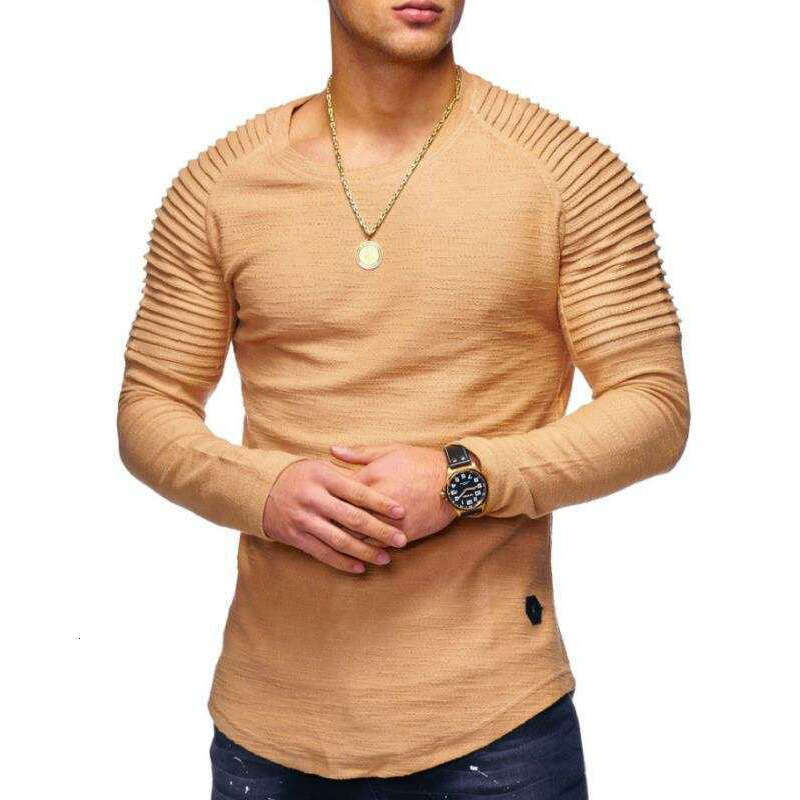 Military green solid color slim fit round neck long sleeved personalized fashionable pleated shoulder sleeves men's sports T-shirt, 2025 new styl