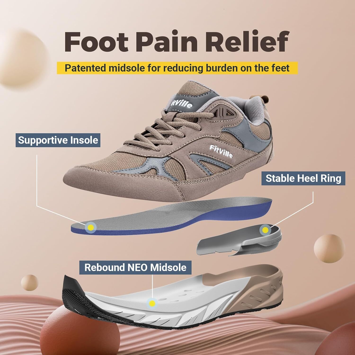 Men's wide walking shoes with ultra wide sports shoelaces and arch support, suitable for relieving plantar fasciitis with flat heel pain - reboun