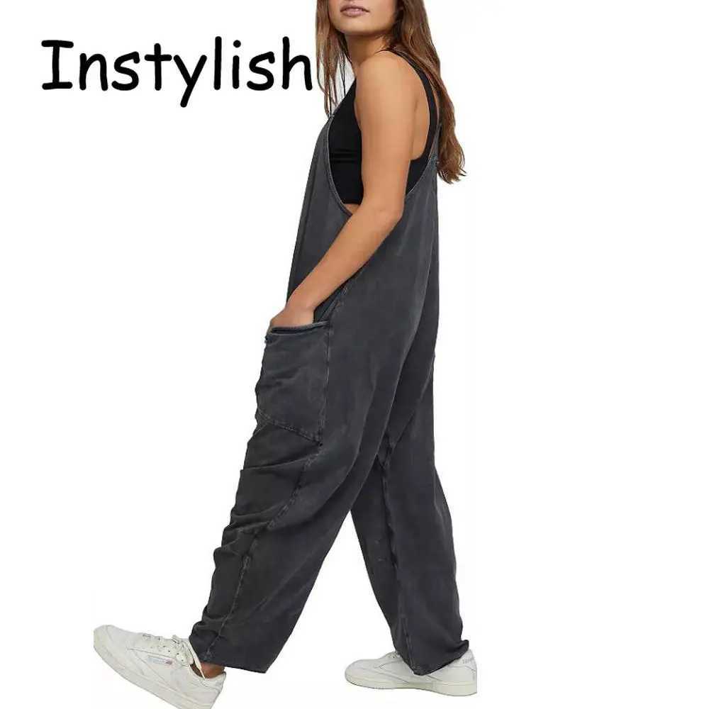 Womens casual spaghetti shoulder strap Sveless jumpsuit retro Harajuku wide leg loose pants summer solid oversized pants X250318