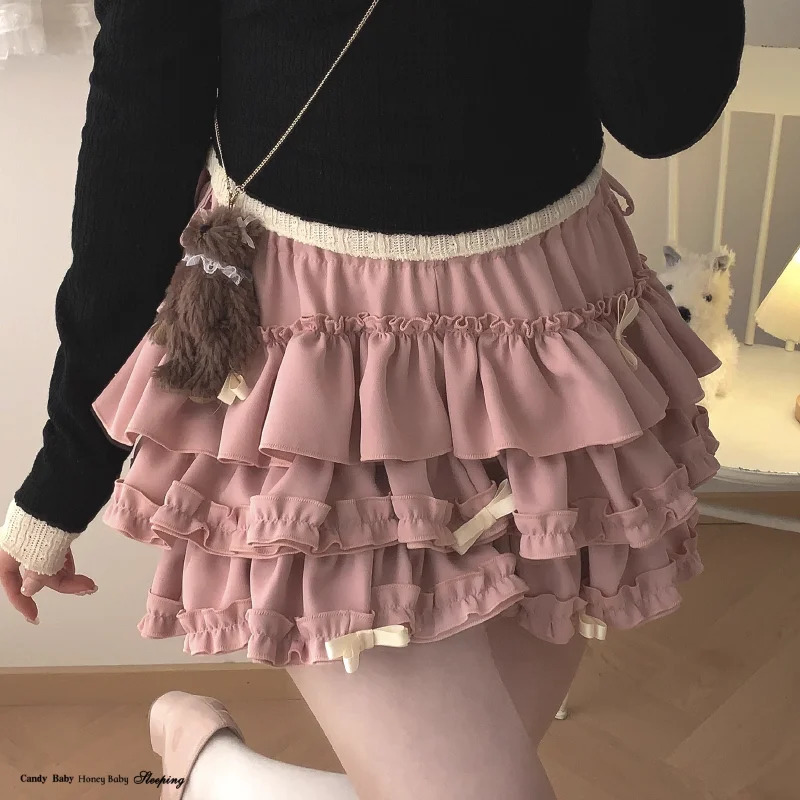 Y2K Sweet Ruffles Mini Skirt Women Kawaii Lolita Bow A Line Skirts Harajuku Japanese Cute High Waist Pink Blue Cake Skirt 250318