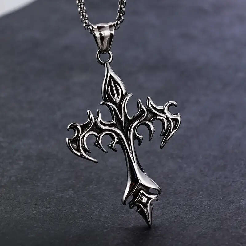 2024 Stainless Steel Flame Cross Alloy Casting Men's Pendant Necklace Accessories