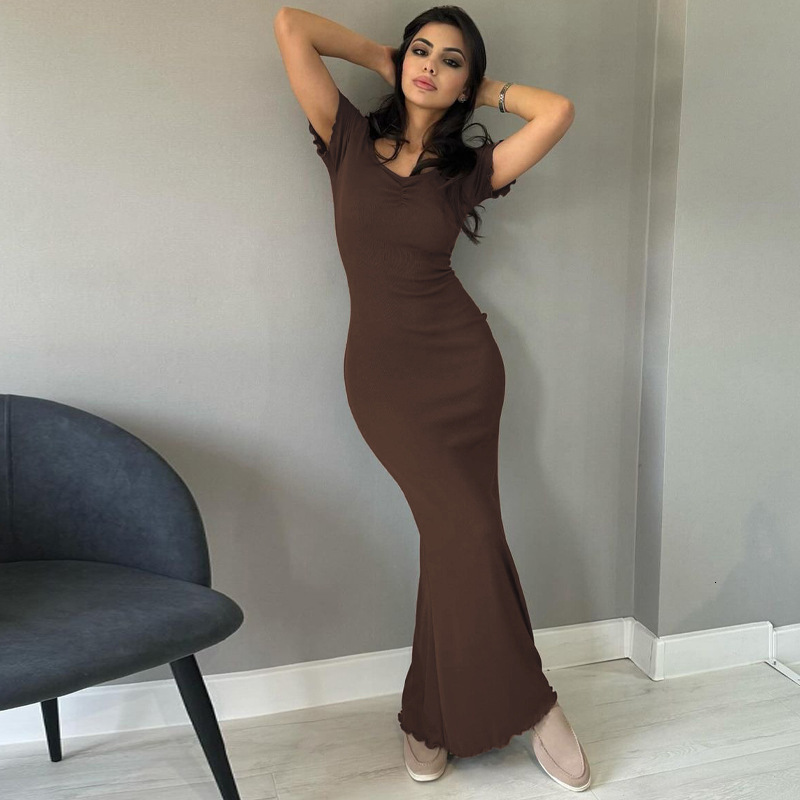 2024 Summer New Women's Clothing Solid Color Temperament U-Neck Short Sleeved Slim Long Dress For Women
