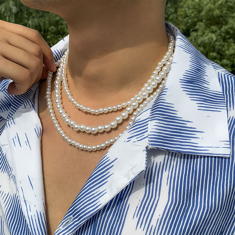 Three Layers With Imitation Pearl Necklace Men's Artificial Pearl Multi-layer Long Sweater Chain Jewelry