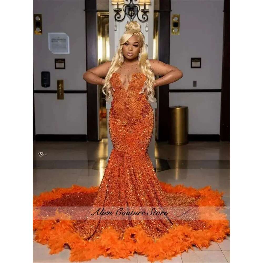 Sparkly Orange Prom Dresses 2025 Long Sleeves Crystal Beading Gems Sequins Birthday Party Gown For Black Girls Customized Dr0318