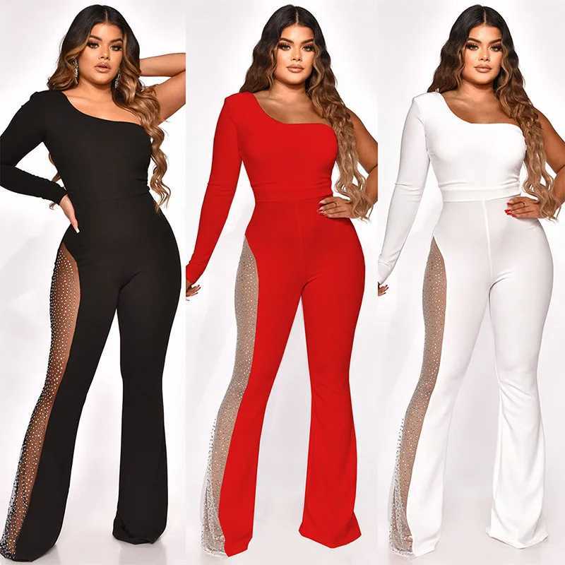 Fashionable half shoulder jumpsuit elegant long Slve mesh splicing rhinestone ultra-thin jumpsuit X250318