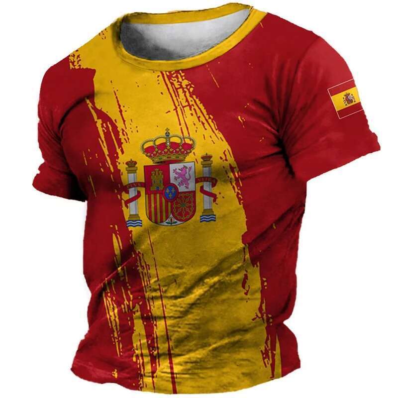 Retro Spain Flag 3D Printed T-shirt Men's Clothing Short Sleeves Round Neck T-shirts Harajuku Streetwear Emblem National T-shirt