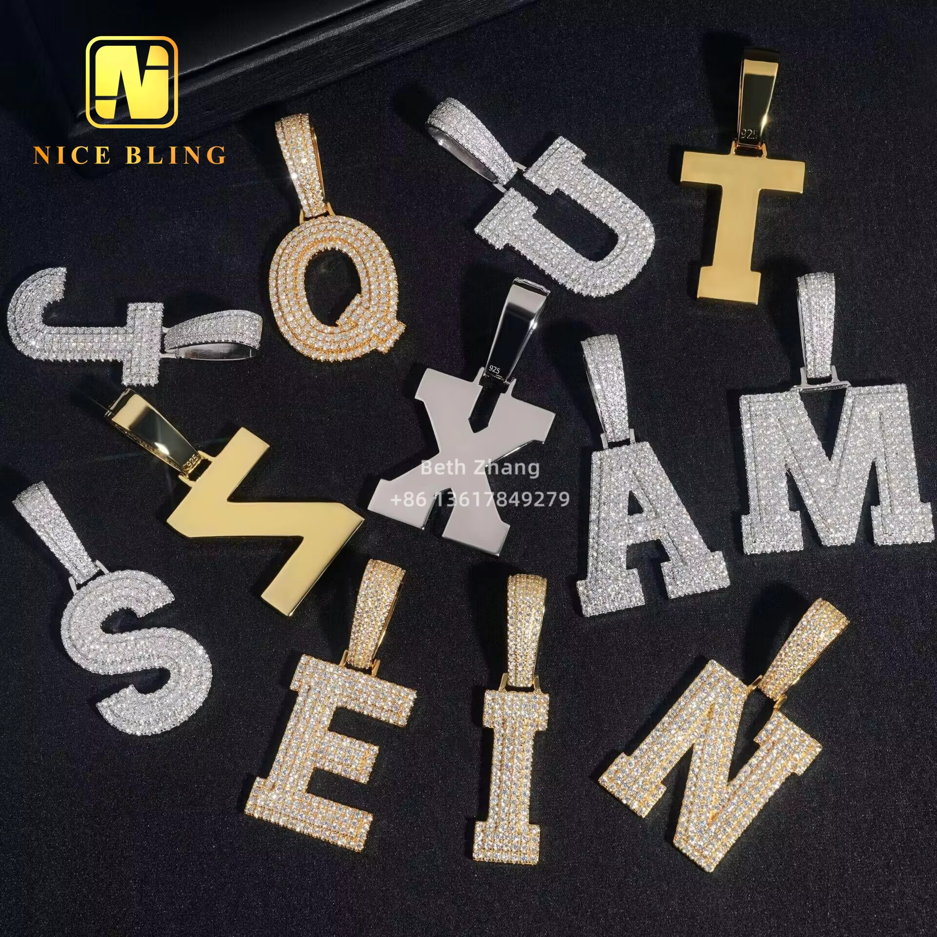 Iced Out Jewelry Custom Hiphop Letter Pendants A-Z Letters 0-9 Number Pendants Moissanite Initial Pendant 925 Silver Jewelry