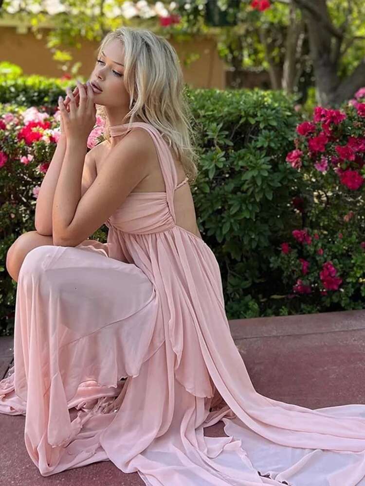 Pink Elegant Strapless Long Dresses Women Sleeveless Backless Off Shoulder Dress 2025 Spring Summer Vacation Ruffles Robes