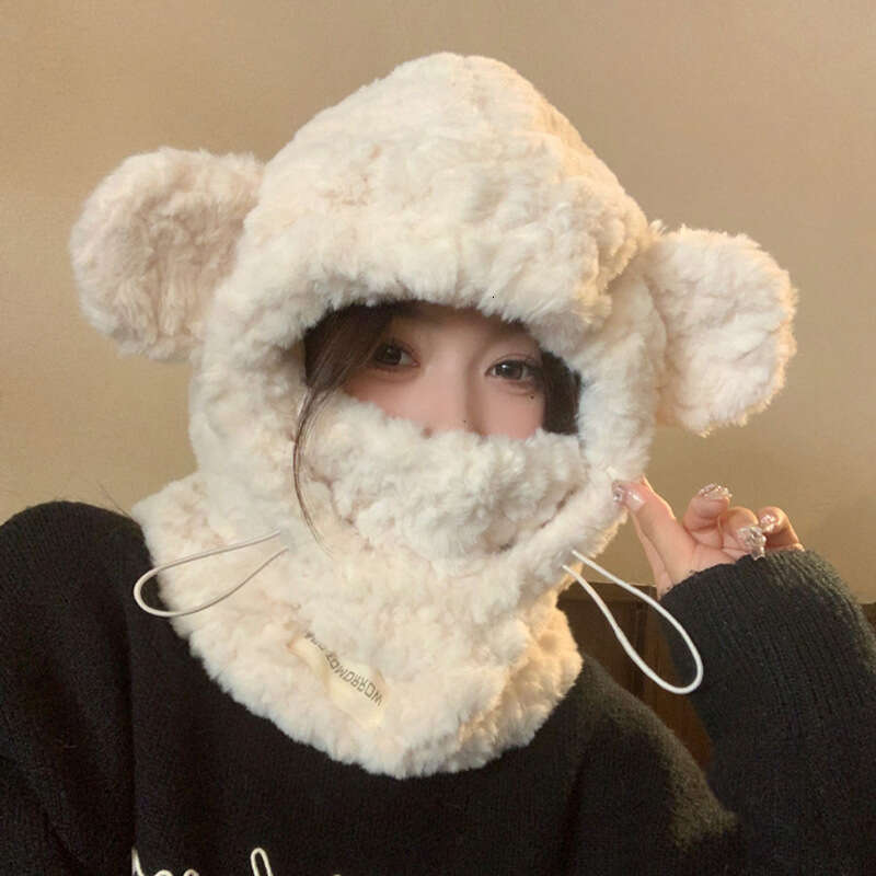 Thickened teddy bear scarf, mask, one-piece plush women's autumn winter Korean version, warm ear hat, cycg and cold protection